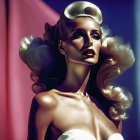 Glamorous woman with blonde hair and makeup on pink and blue backdrop