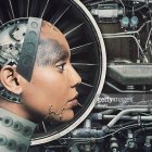 Cyborg woman digital painting with futuristic machinery backdrop