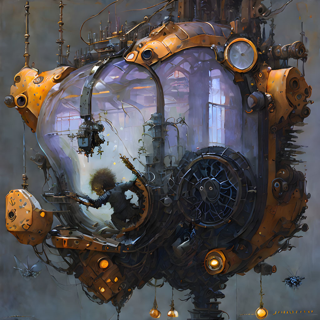 Detailed Steampunk-Style Submarine with Brass Detailing and Glass Chambers