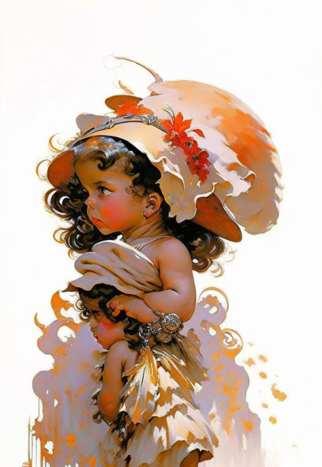 Stylized portrait of young girl with curly hair and ornate hat in warm vintage palette