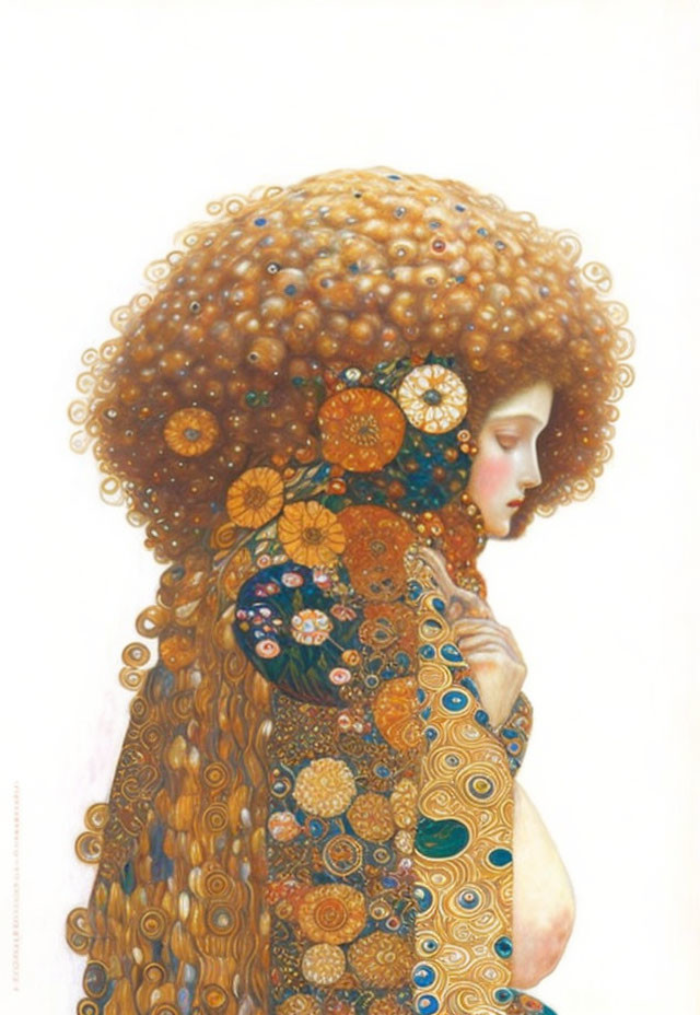 Illustrated woman with ornate, patterned hair and clothing in contemplative pose