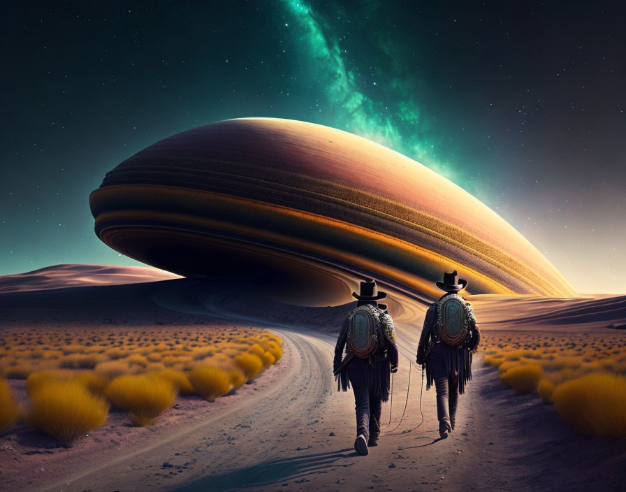 Figures in traditional attire walking in desert under giant planet and starry sky