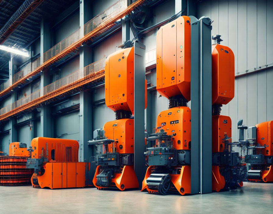 Modern Warehouse with Orange Robotic Forklifts