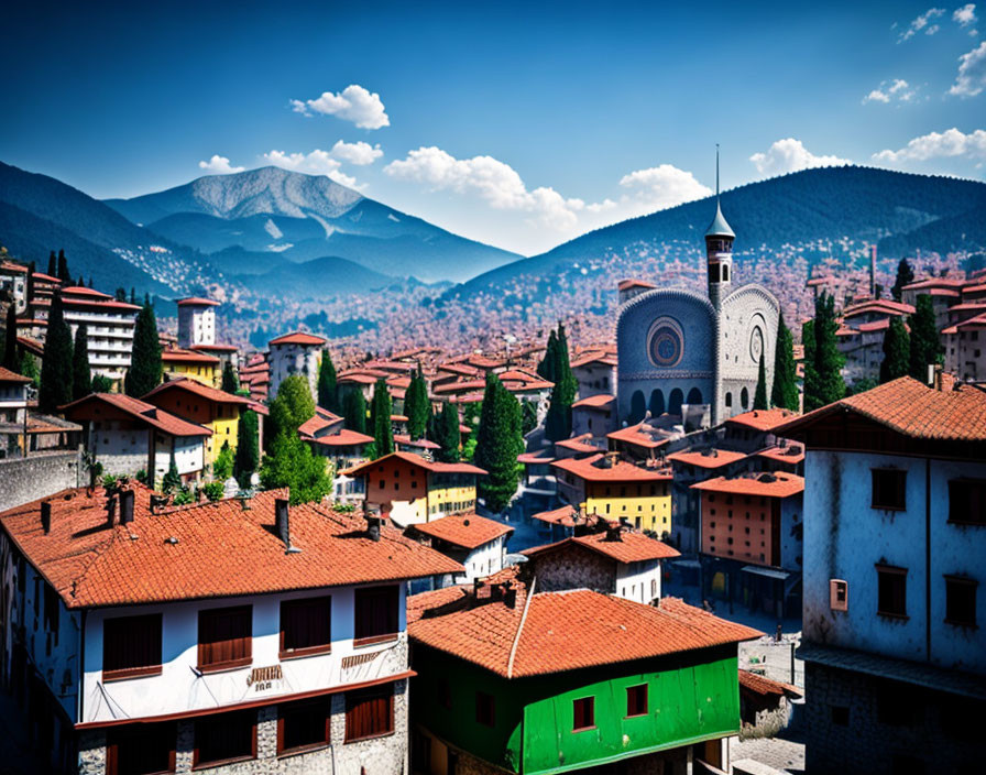 Scenic town with terracotta roofs and circular church facade nestled in green hills