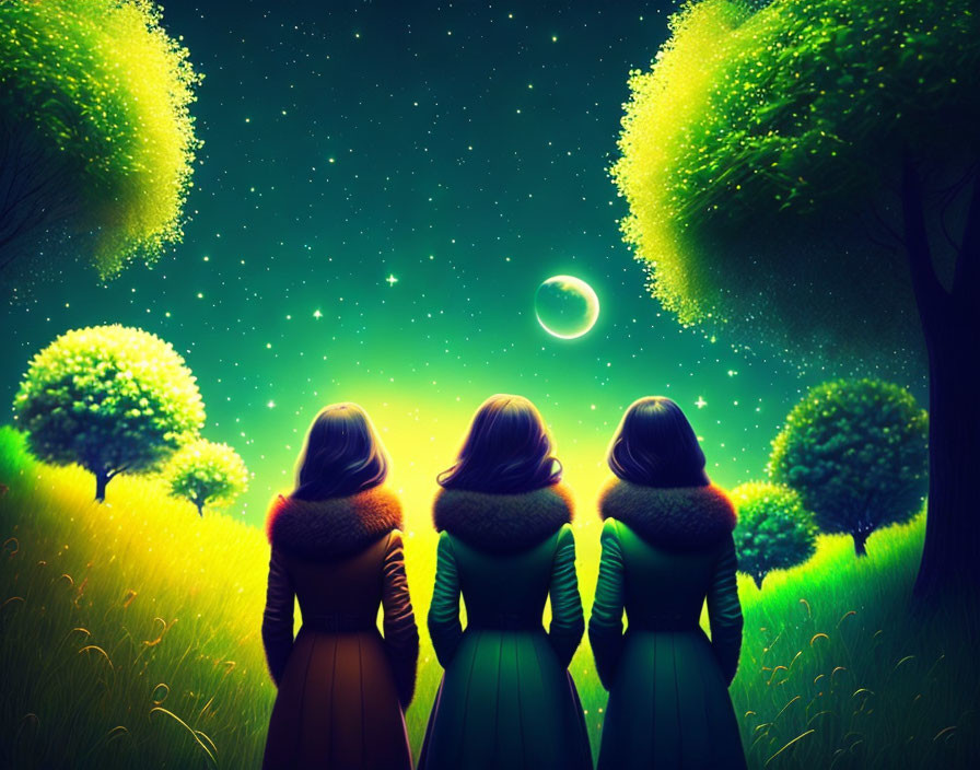 Three Women Under Luminous Green Sky with Floating Orb and Vibrant Trees