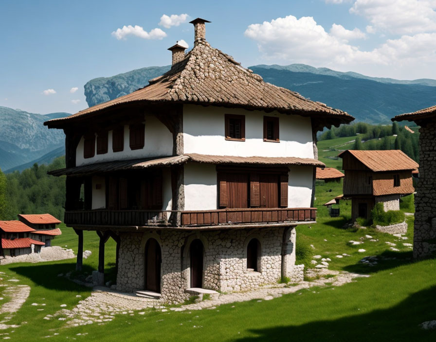 Stone house with white facade and wooden balconies in mountainous setting