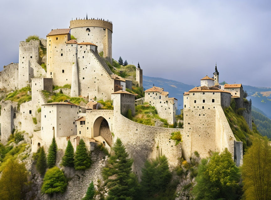 Medieval hilltop fortress with towers and lush surroundings