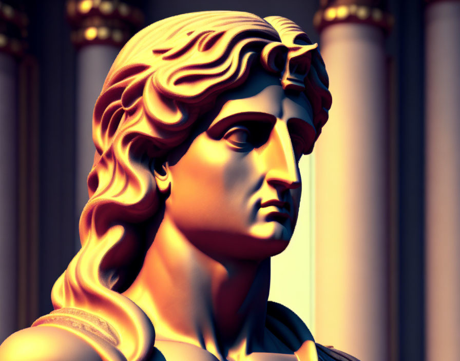 Classical statue of woman with stylized hair in front of blurred columns in warm tones