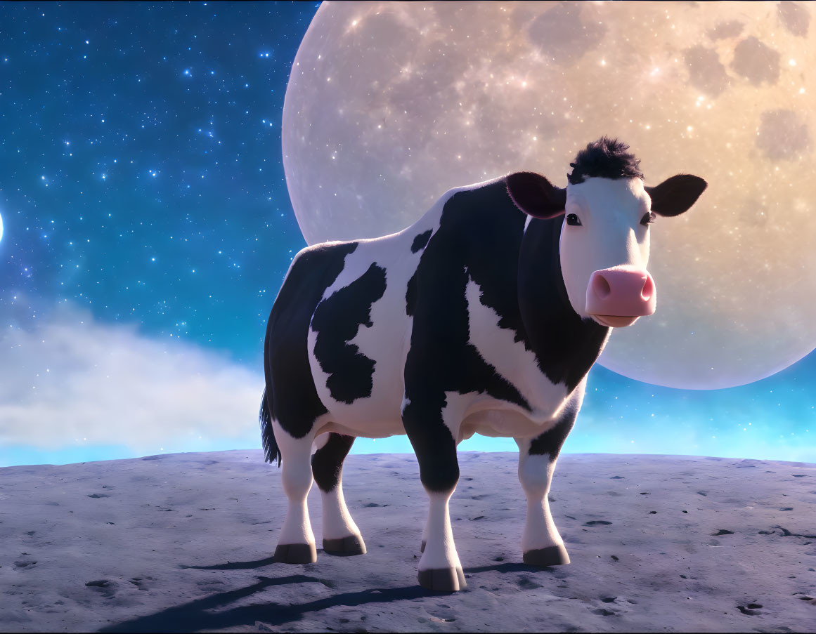 Black and white patch cow on moon-like surface with detailed moon and starry sky