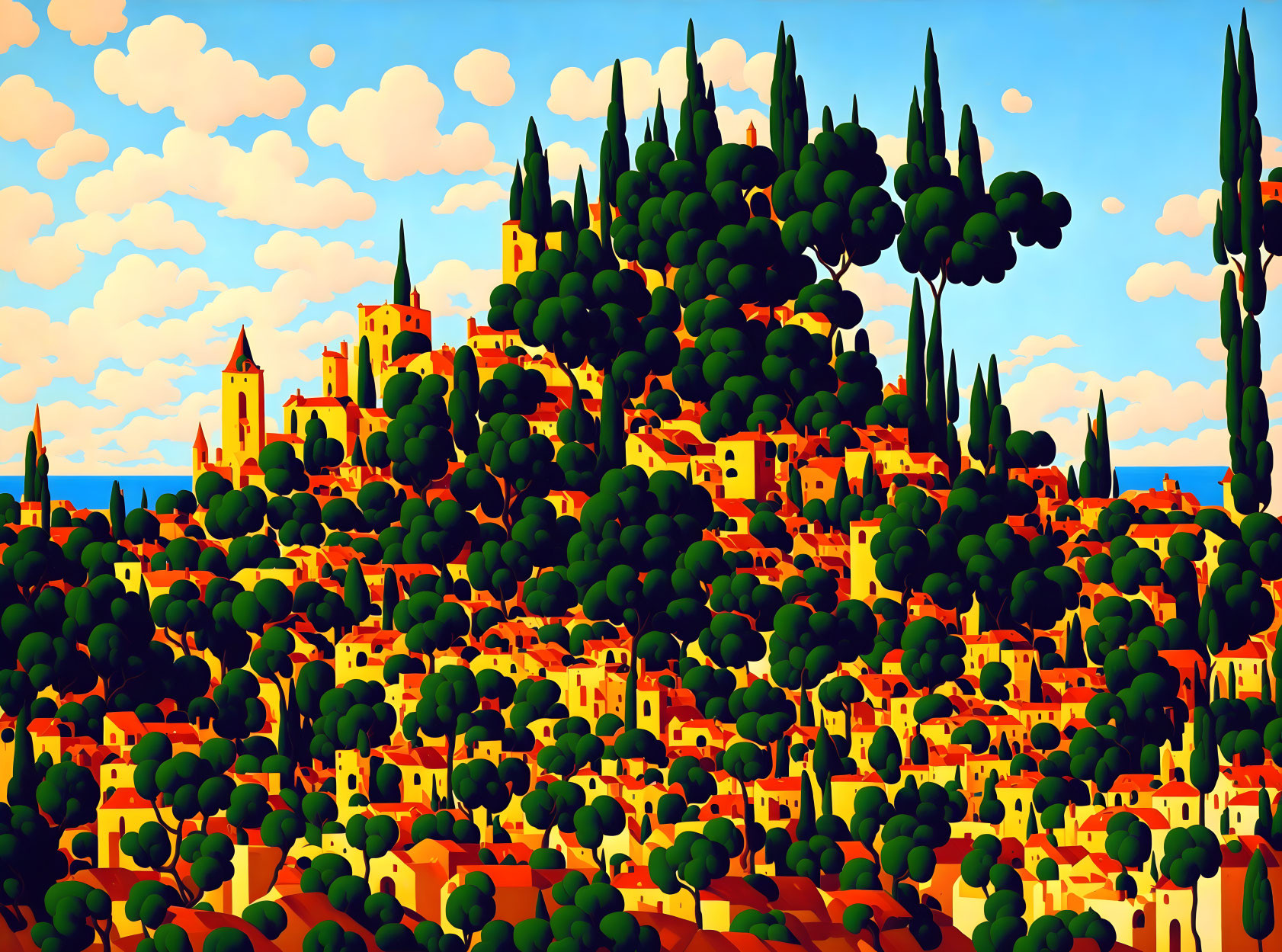 Stylized sunlit hillside town with lush greenery under blue sky