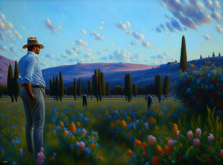 Man in hat admiring wildflowers in scenic landscape