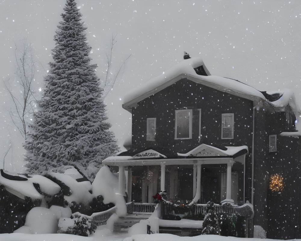 Snow-covered two-story house in heavy snowfall with illuminated porch