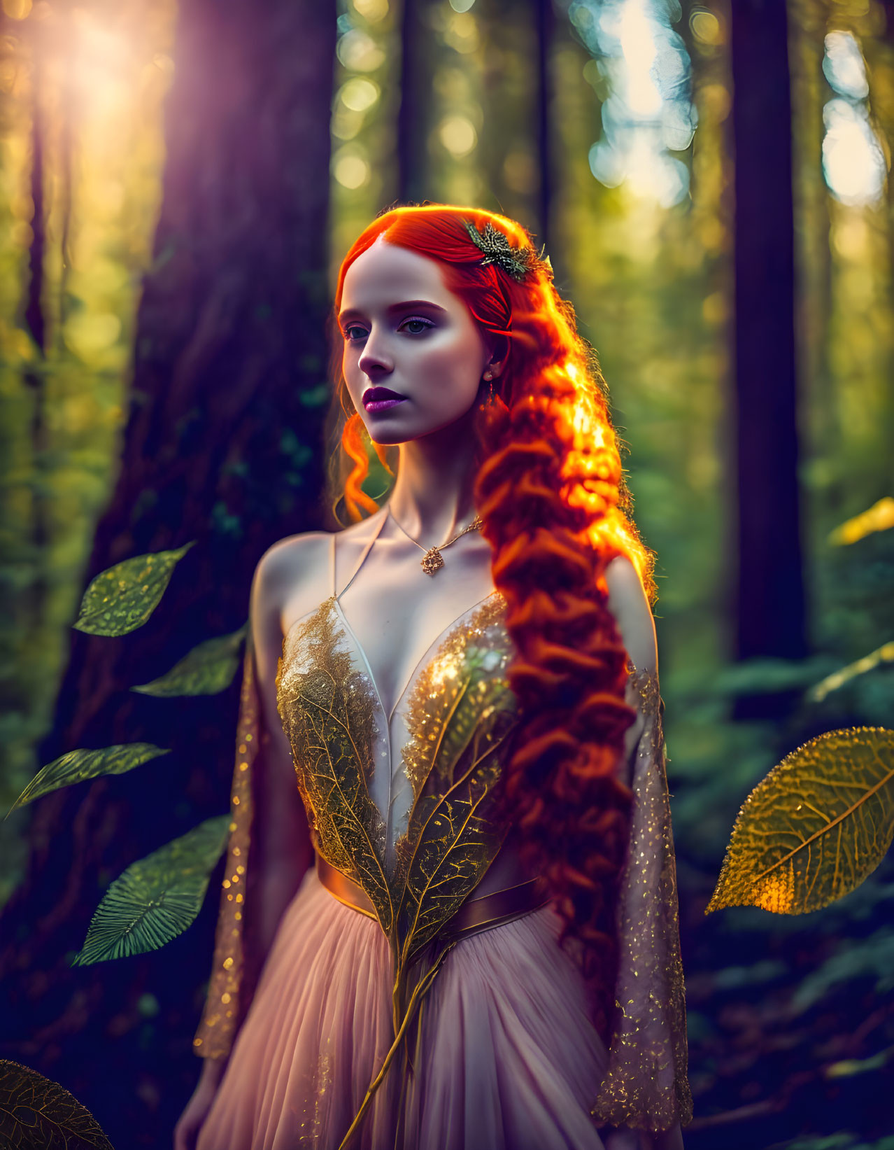 Woman with Long Red Hair in Forest Wearing Golden Leaf Gown