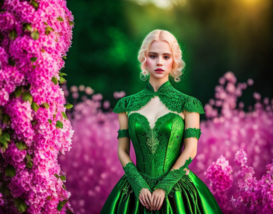 Blonde Woman in Green Dress Surrounded by Pink Flowers