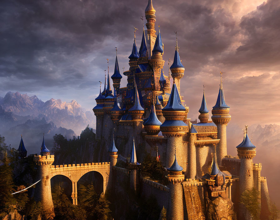 Majestic castle with spires and turrets on rocky cliff at sunset