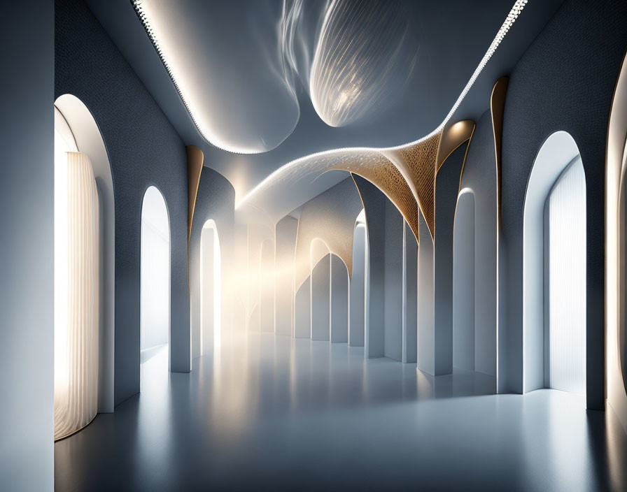 Modern futuristic corridor with illuminated arches and organic design blend