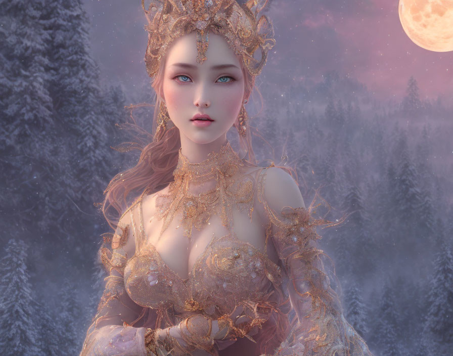 Digital artwork of woman in gold crown and attire in snowy forest with pink moon