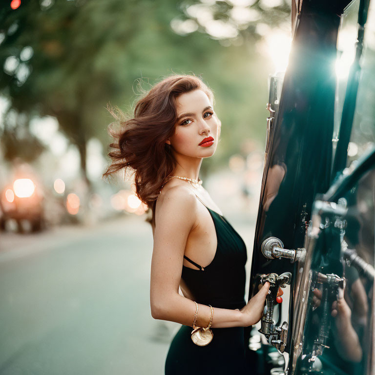 Stylish woman in black dress by vintage car at twilight