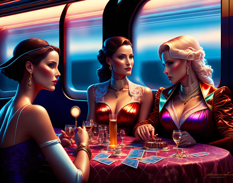 Luxurious Train Cabin Card Game with Glamorous Women