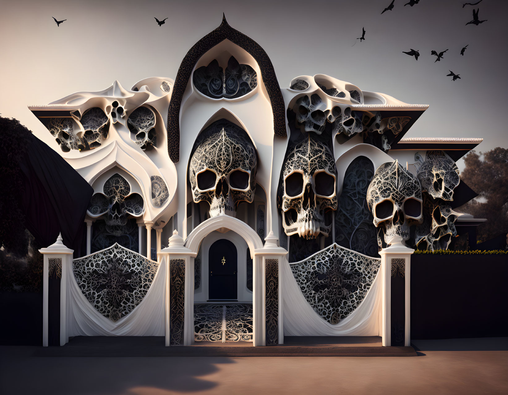 Gothic building with skull motifs, arches, intricate patterns, and flying birds at twilight