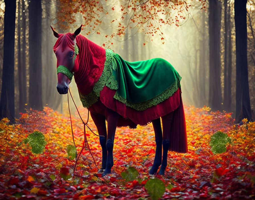 Colorful Horse with Red and Green Drapes in Autumn Forest