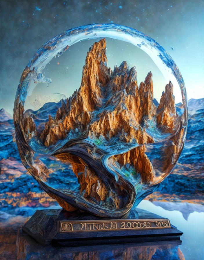 Crystal Ball with Mountain Landscape on Wooden Stand at Twilight