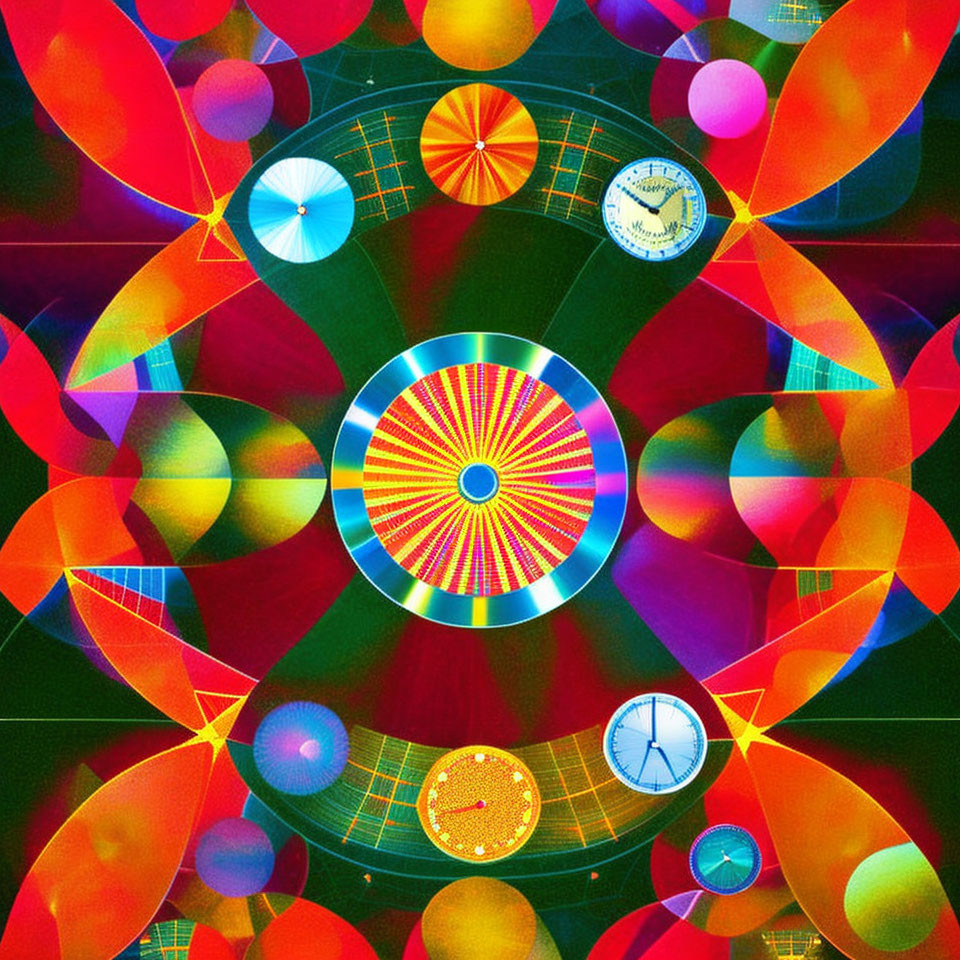 Colorful Geometric Pattern with Clock Faces in Bright Hues