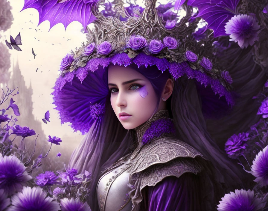 Woman with Purple Eyes in Lavish Outfit & Butterfly Wings