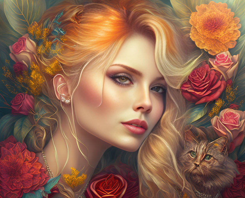 Digital portrait of woman with flowing hair and vibrant flowers, cat nestled among blooms