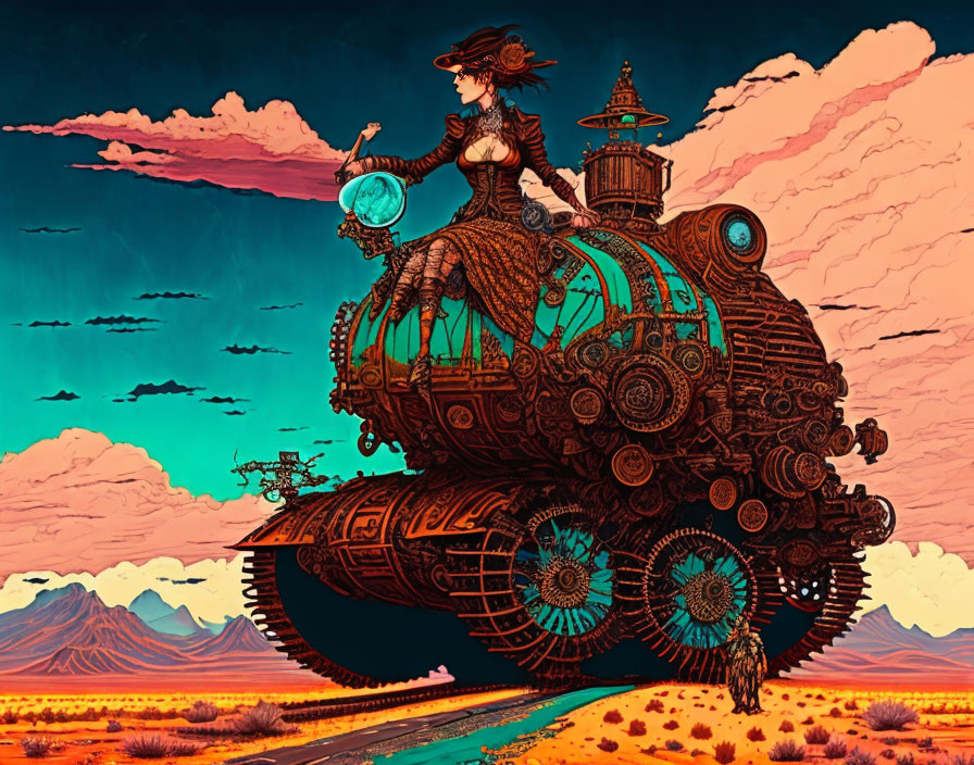 Victorian woman on steampunk locomotive in desert landscape