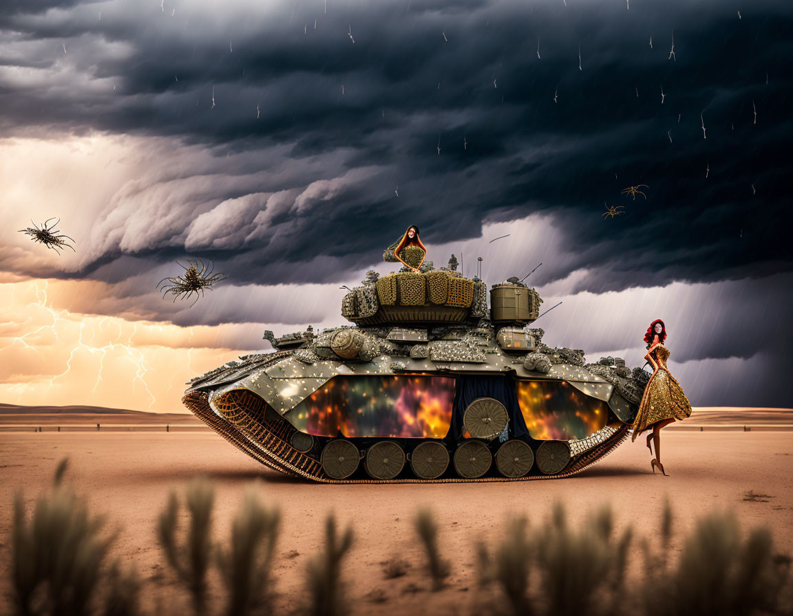 Woman in dress faces futuristic tank in desert with ominous creatures.