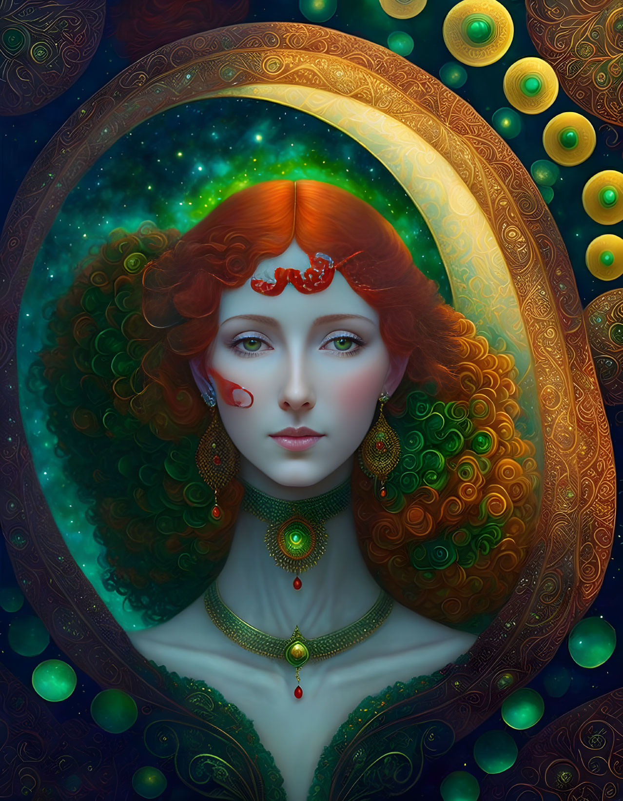 Detailed Illustration of Woman with Red Hair and Cosmic Background