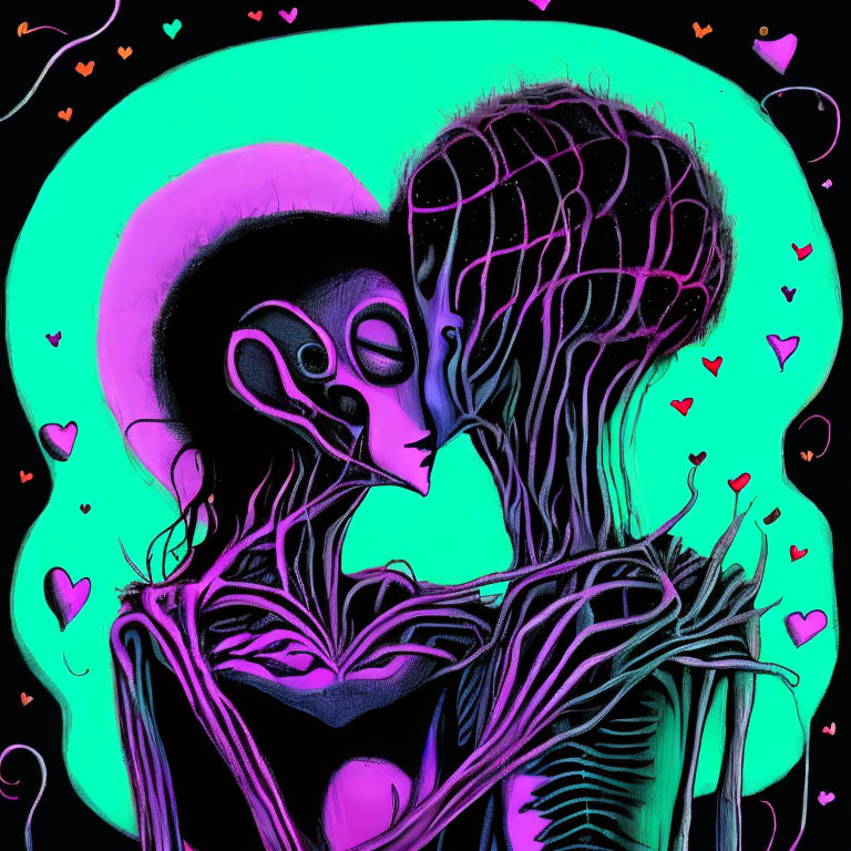 Colorful Alien Figures Embracing in Neon Heart Aura