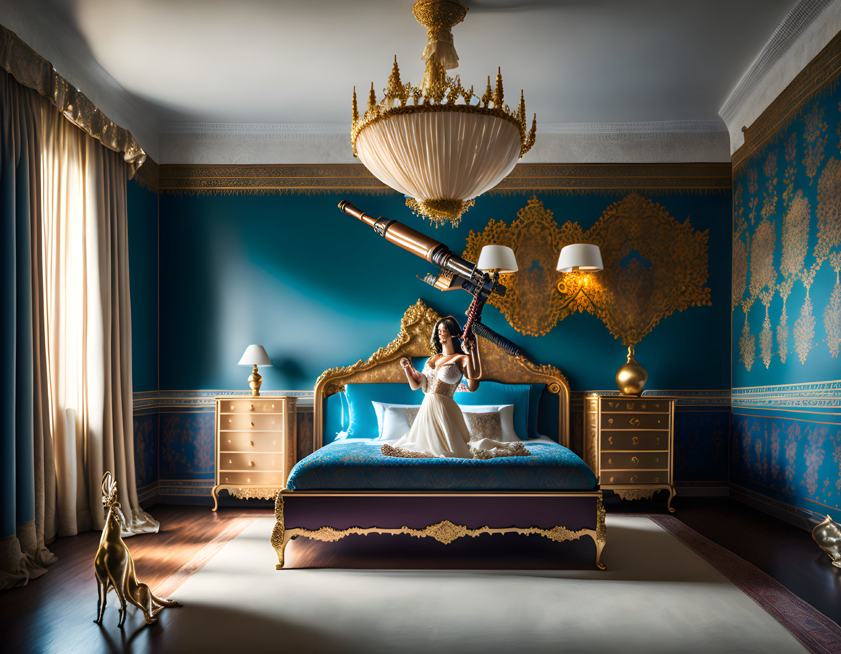 Luxurious room with ornate gold and blue decor, large chandelier, elegant bed, woman with