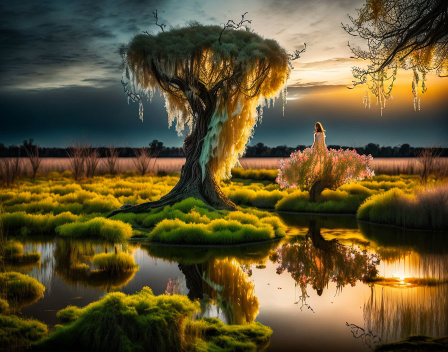 Tranquil riverside scene with ancient tree and hanging moss at dusk