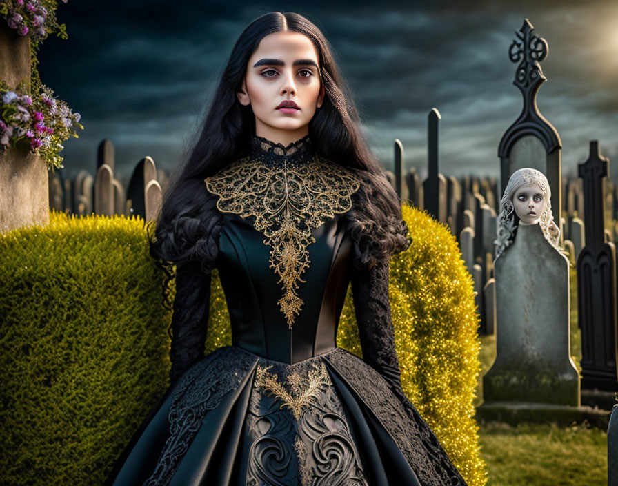 Victorian gothic dress woman in cemetery with ornate gravestones at twilight