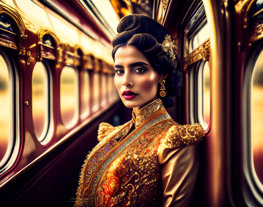 Traditional attire woman poses in vintage train with intricate embroidery.