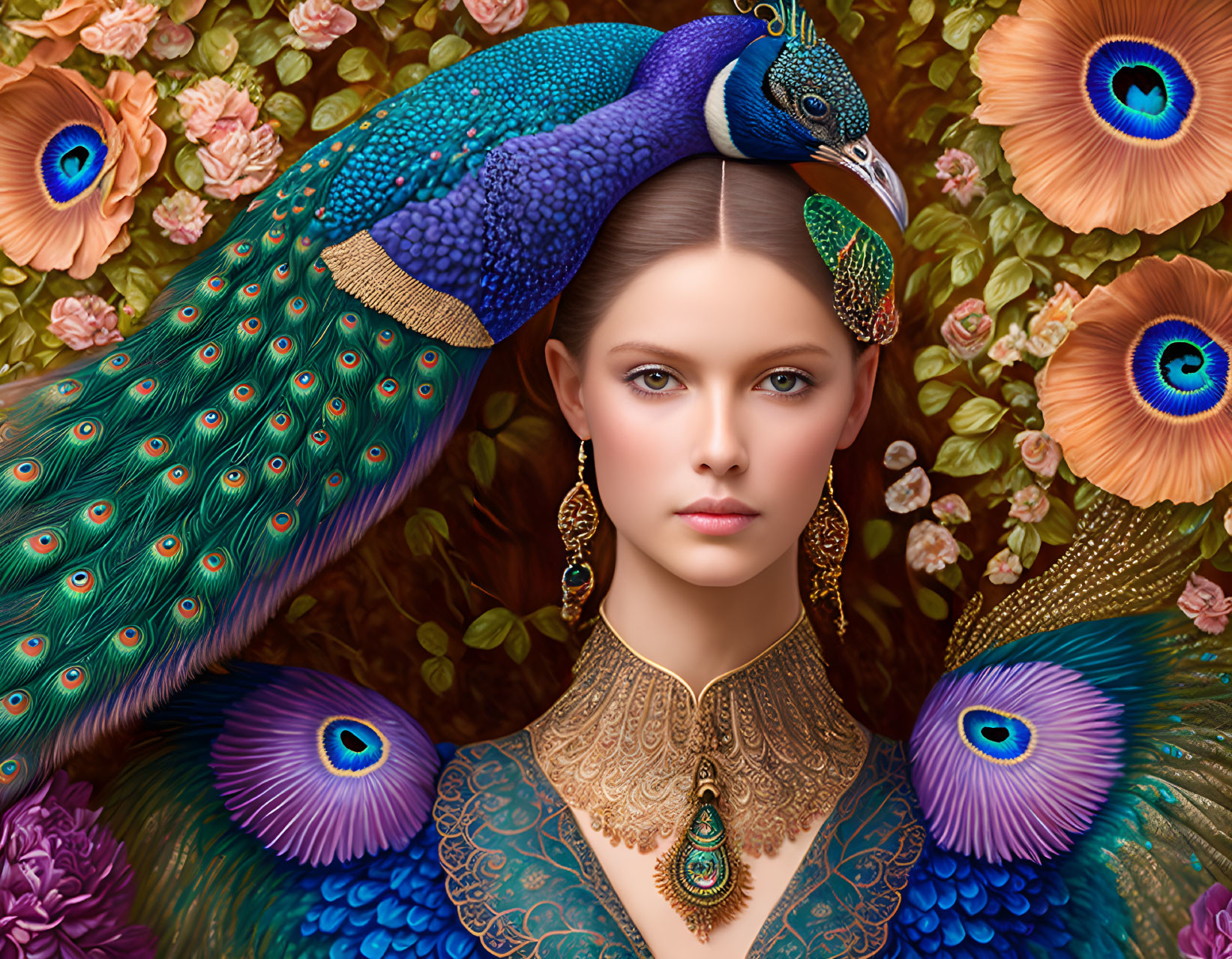 Digital artwork: Woman in peacock attire with headdress on floral background