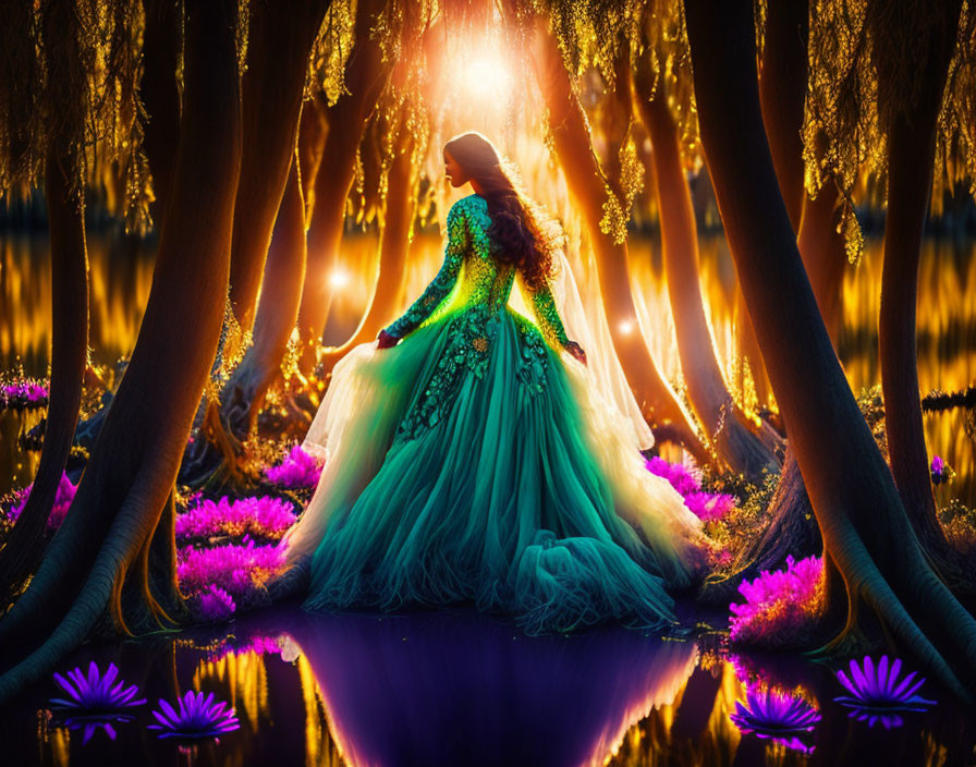 Woman in Turquoise Dress Surrounded by Purple Flowers in Mystical Forest