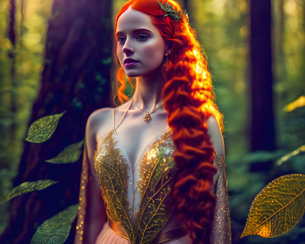 Woman with Long Red Hair in Forest Wearing Golden Leaf Gown