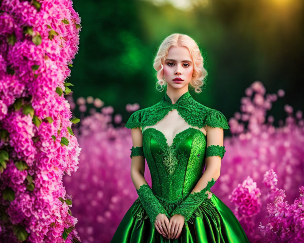 Blonde Woman in Green Dress Surrounded by Pink Flowers