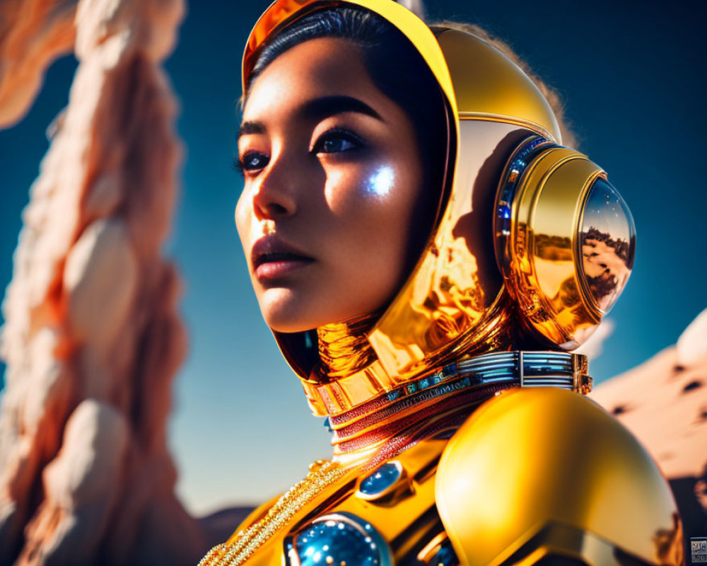 Futuristic woman in golden spacesuit helmet with reflection and blue sky.