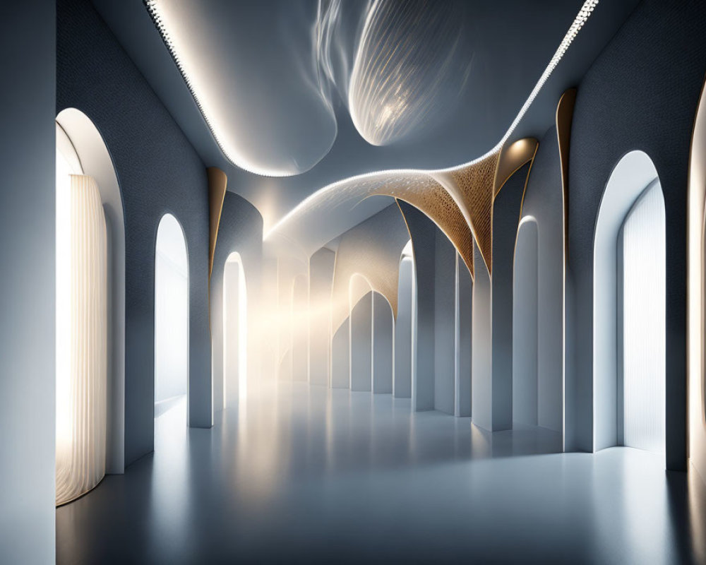 Modern futuristic corridor with illuminated arches and organic design blend