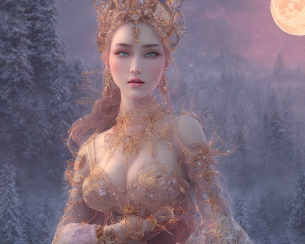 Digital artwork of woman in gold crown and attire in snowy forest with pink moon