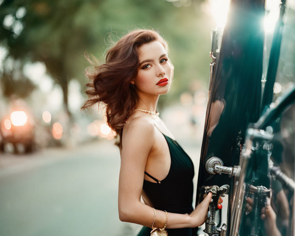 Stylish woman in black dress by vintage car at twilight