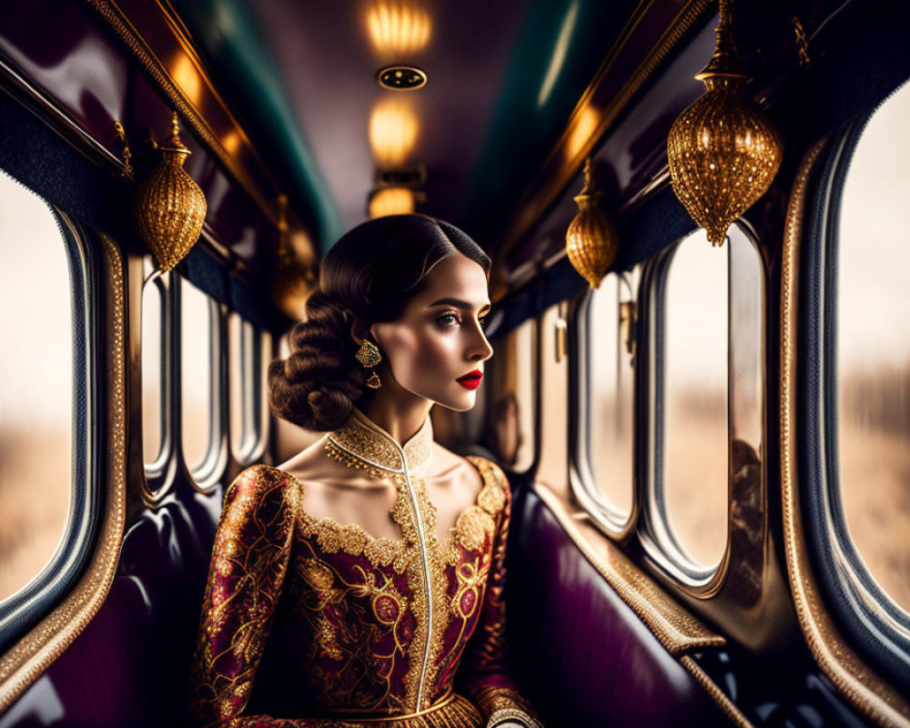 Sophisticated woman in ornate attire gazes from vintage train carriage