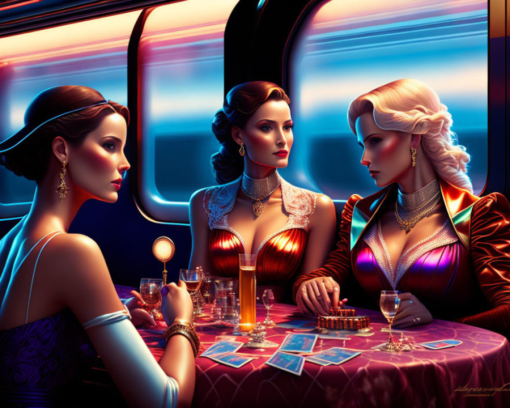 Luxurious Train Cabin Card Game with Glamorous Women