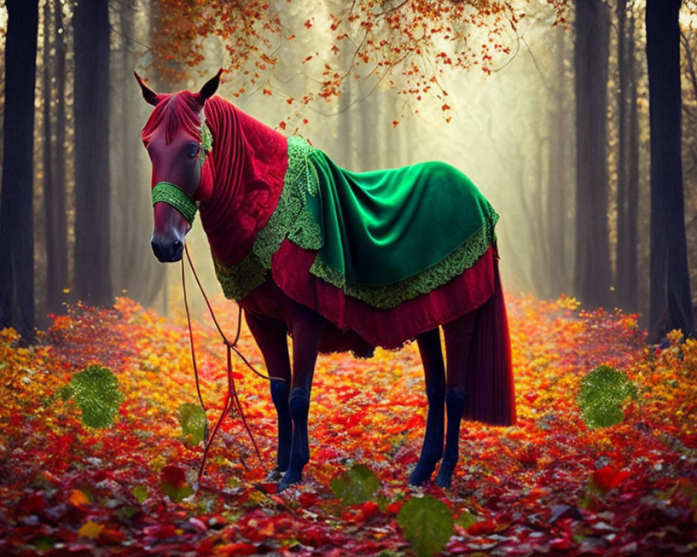 Colorful Horse with Red and Green Drapes in Autumn Forest