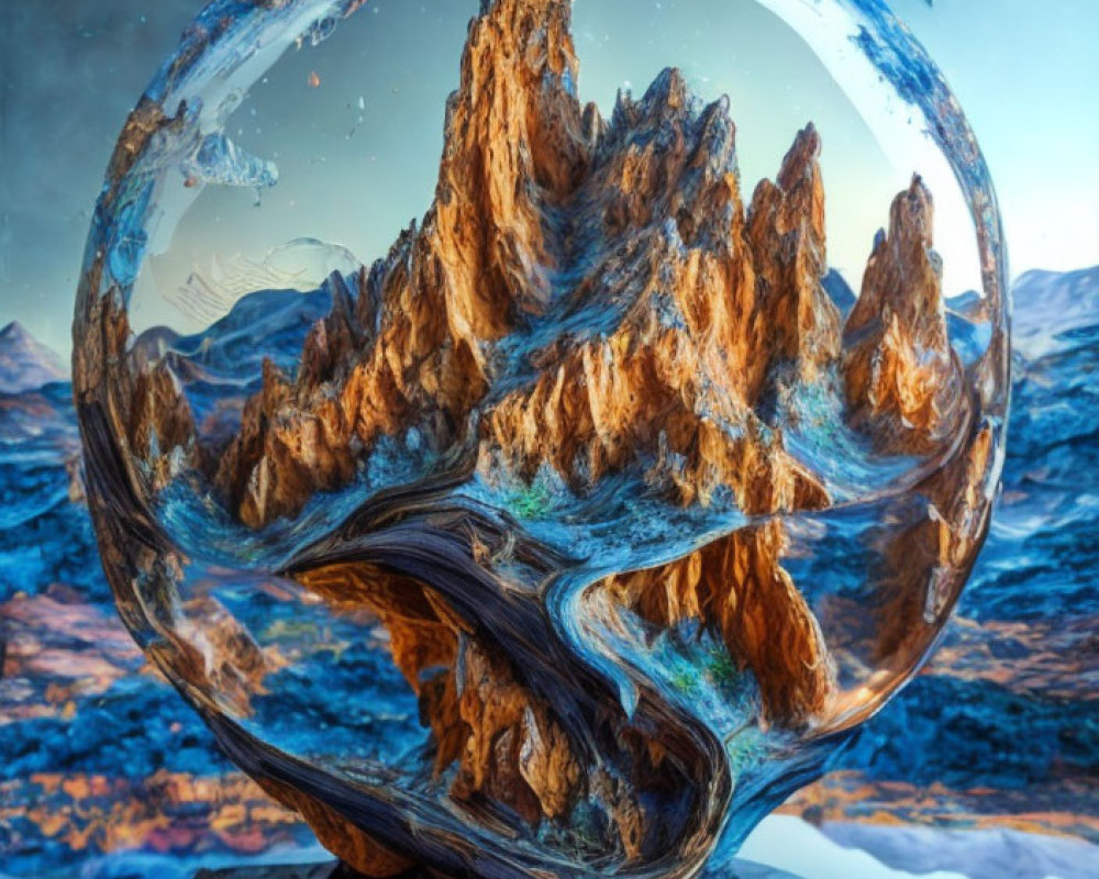 Crystal Ball with Mountain Landscape on Wooden Stand at Twilight