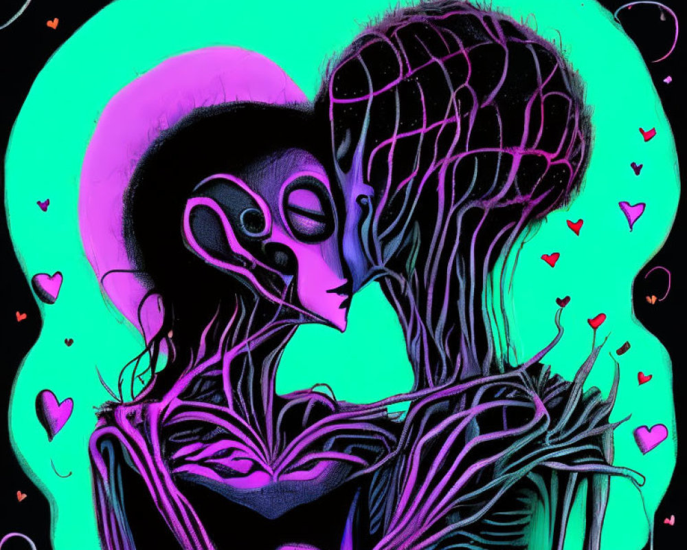 Colorful Alien Figures Embracing in Neon Heart Aura